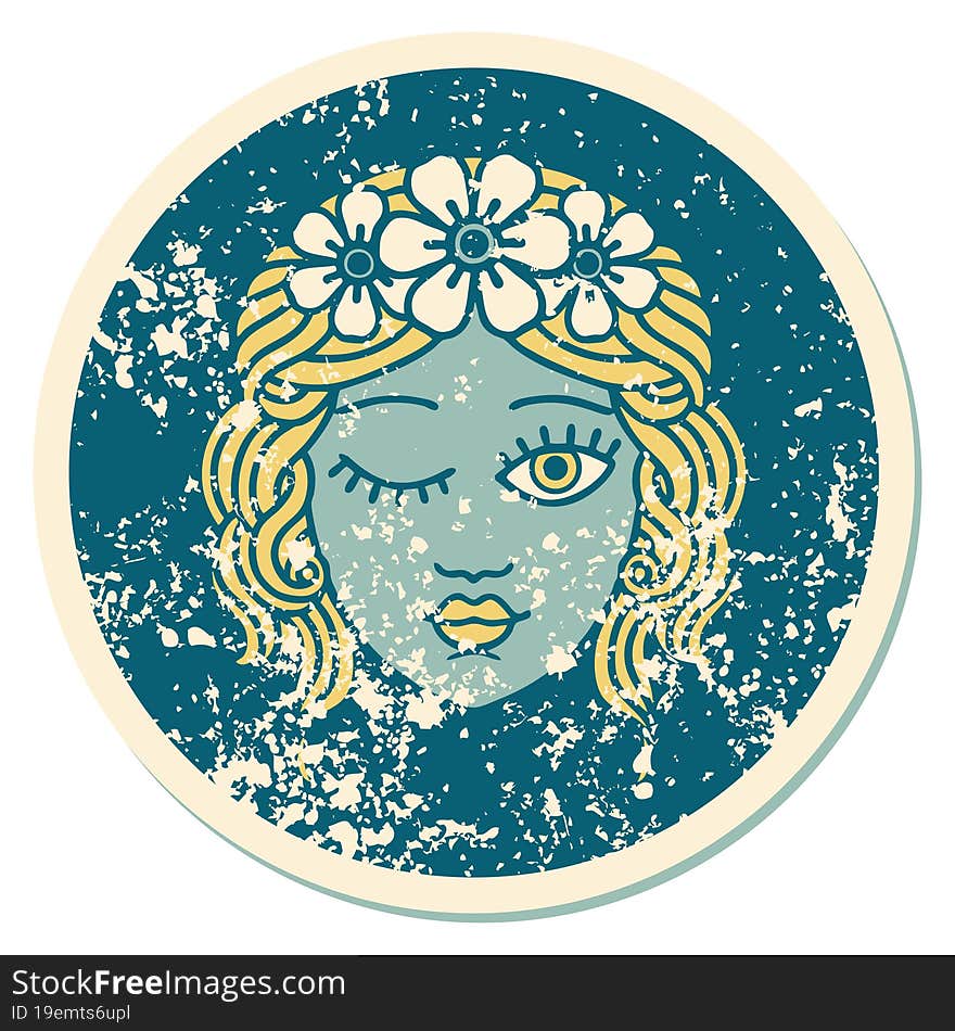 distressed sticker tattoo style icon of a maidens face winking