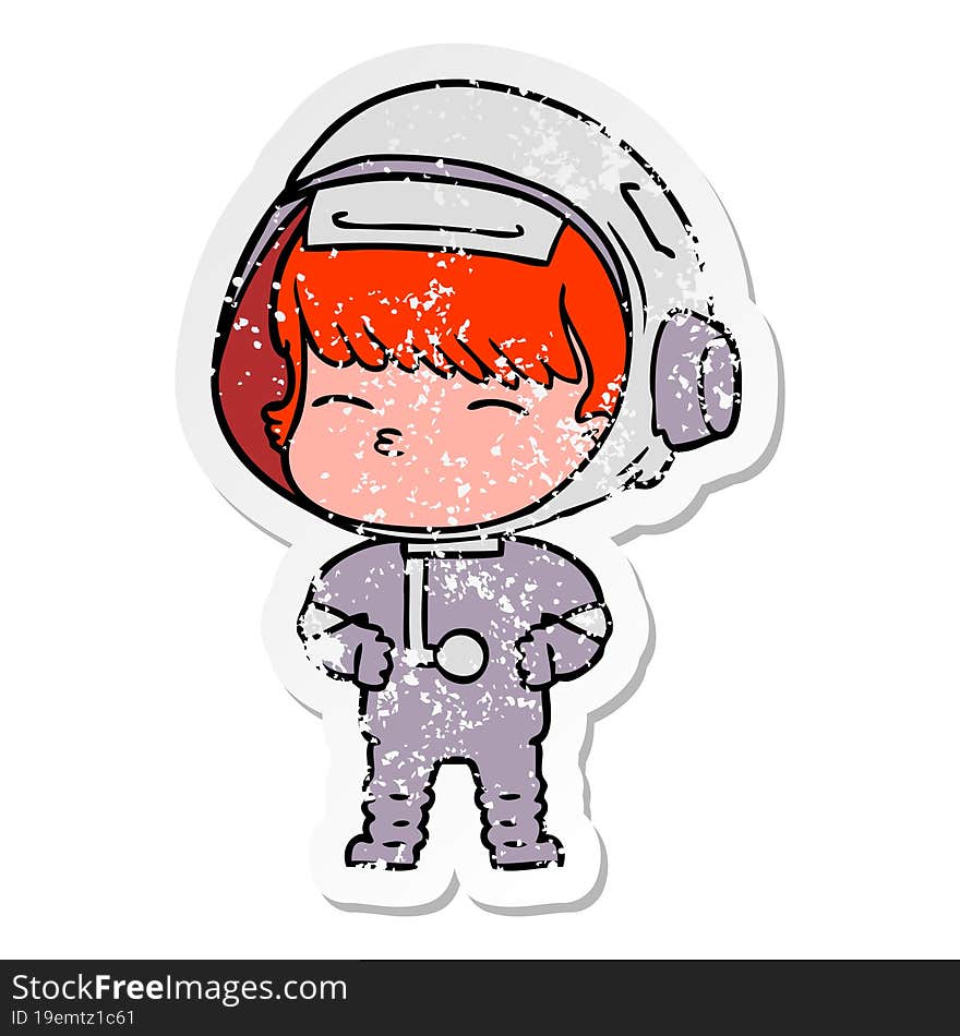 distressed sticker of a cartoon curious astronaut