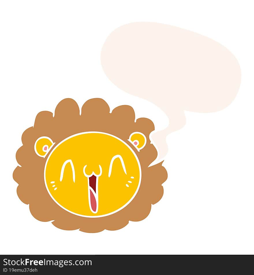 cartoon lion face and speech bubble in retro style