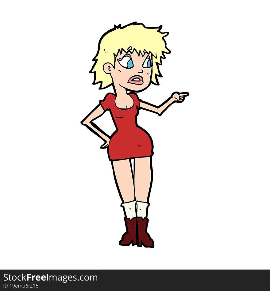 cartoon worried woman in dress pointing