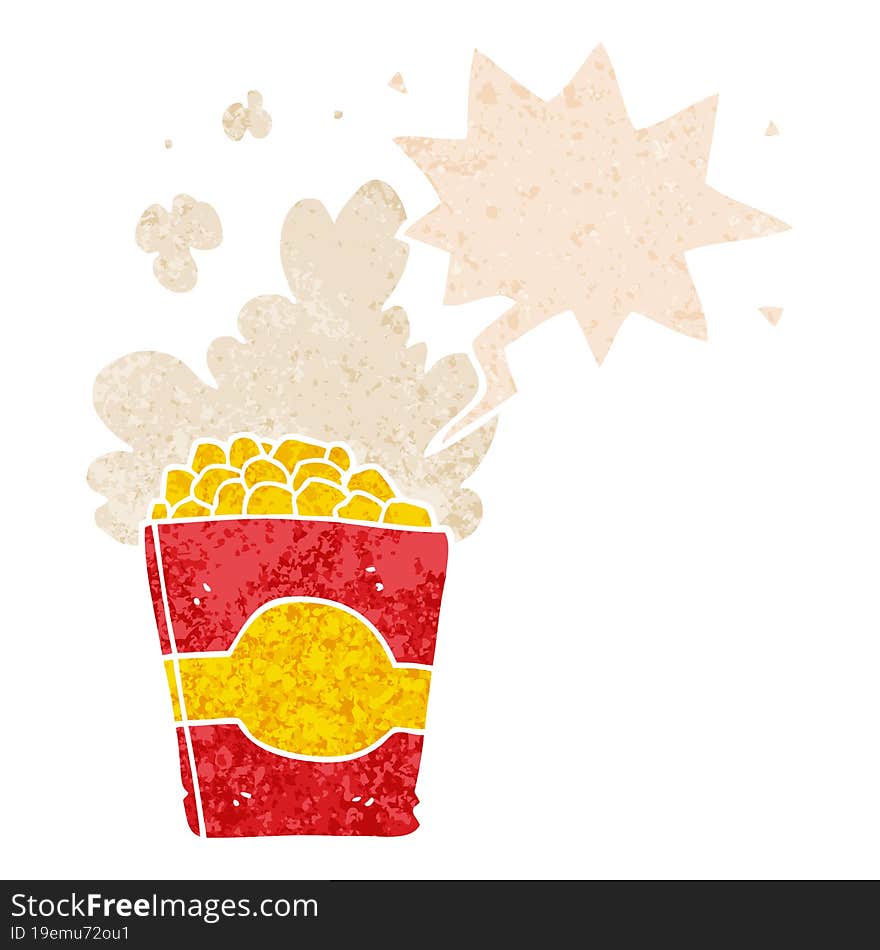 cartoon popcorn and speech bubble in retro textured style