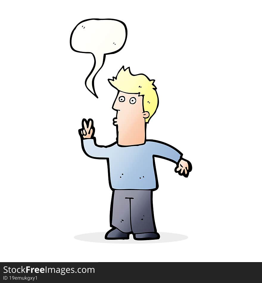 cartoon man giving peace sign with speech bubble