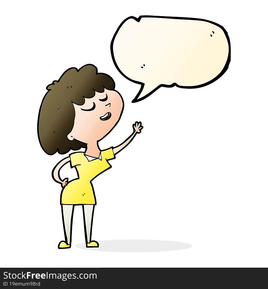 cartoon happy woman about to speak with speech bubble