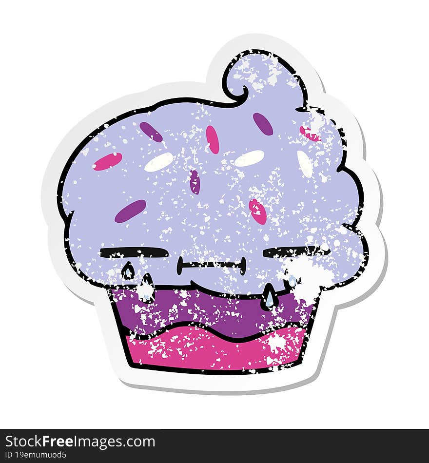 distressed sticker cartoon of a crying cupcake