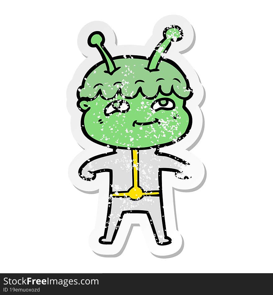 distressed sticker of a friendly cartoon spaceman