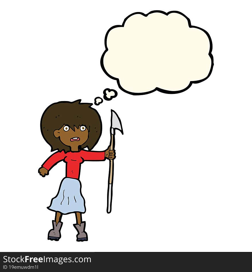 cartoon woman with harpoon with thought bubble