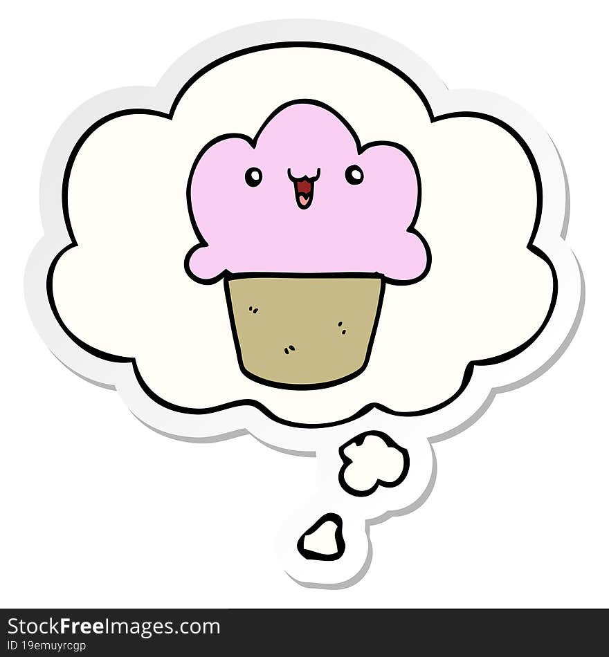 cartoon cupcake with face and thought bubble as a printed sticker