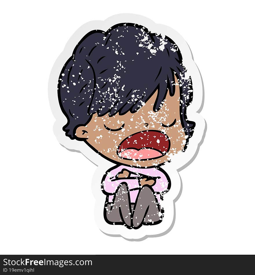 distressed sticker of a cartoon woman talking