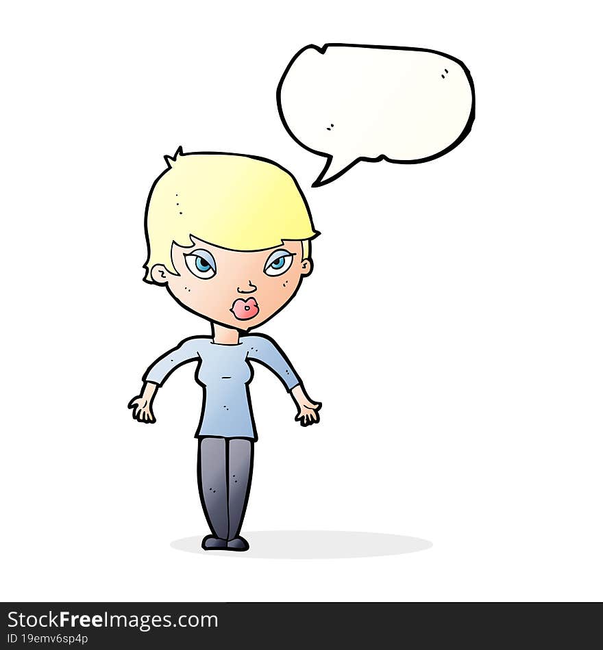 cartoon woman shrugging shoulders with speech bubble