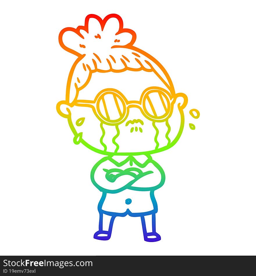 rainbow gradient line drawing cartoon crying woman wearing spectacles