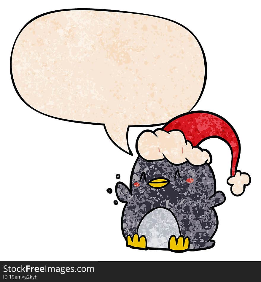 cartoon penguin wearing christmas hat and speech bubble in retro texture style