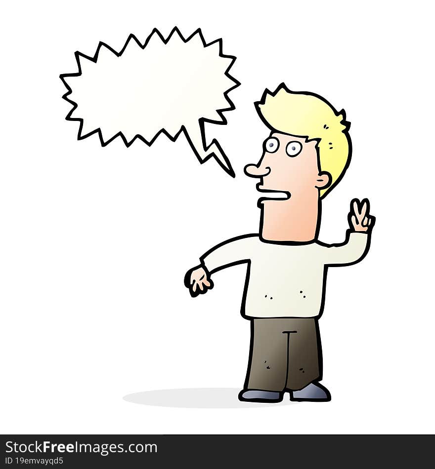 cartoon man making peace sign with speech bubble