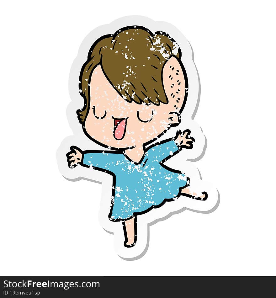 distressed sticker of a cute cartoon girl with hipster haircut