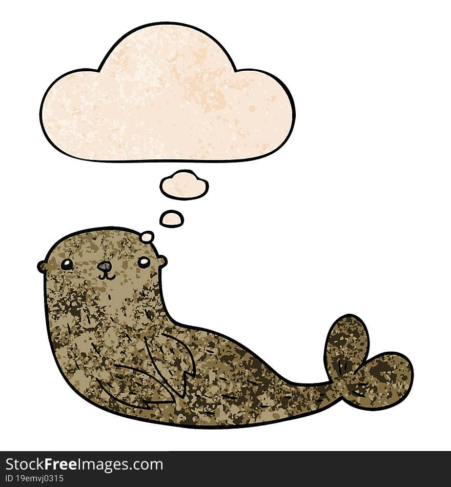 cartoon seal and thought bubble in grunge texture pattern style