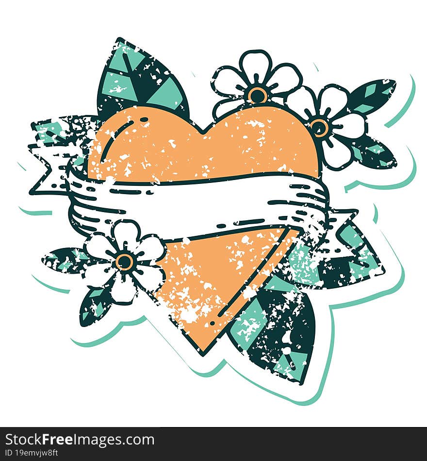 Distressed Sticker Tattoo Style Icon Of A Heart And Banner