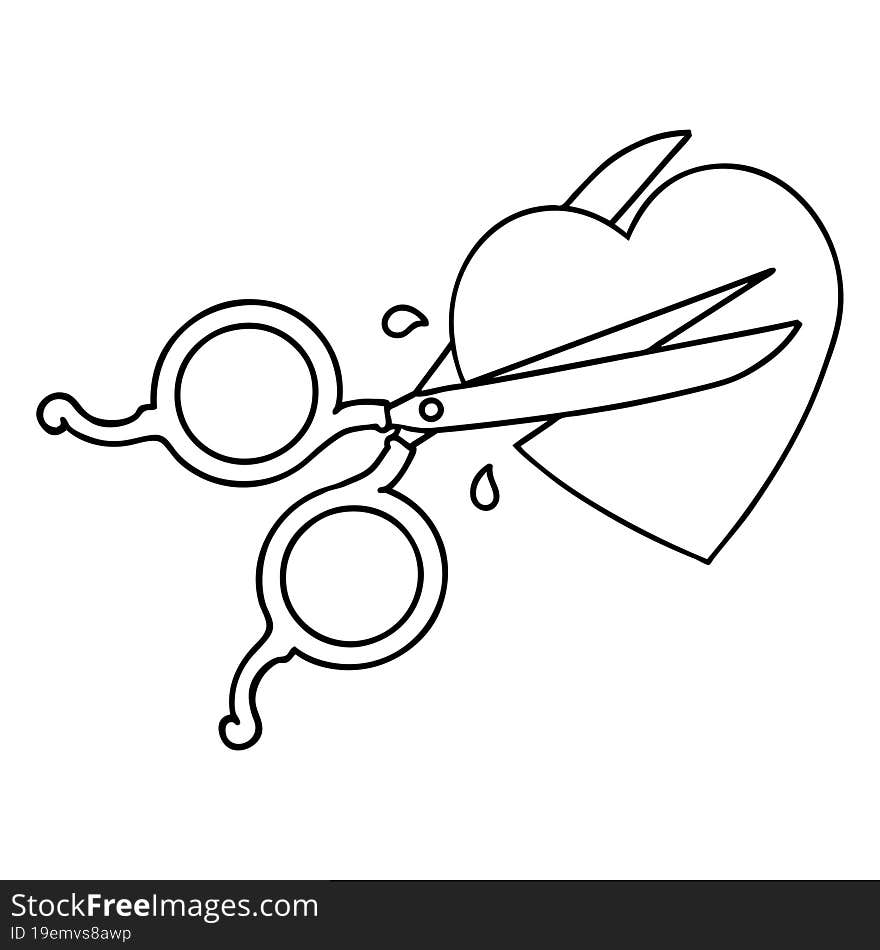 black line tattoo of scissors cutting a heart