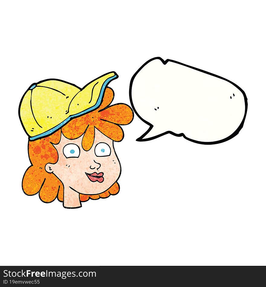 freehand speech bubble textured cartoon woman wearing cap. freehand speech bubble textured cartoon woman wearing cap