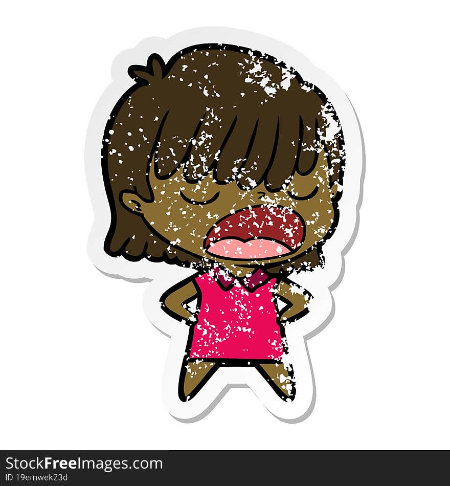 distressed sticker of a cartoon woman talking loudly