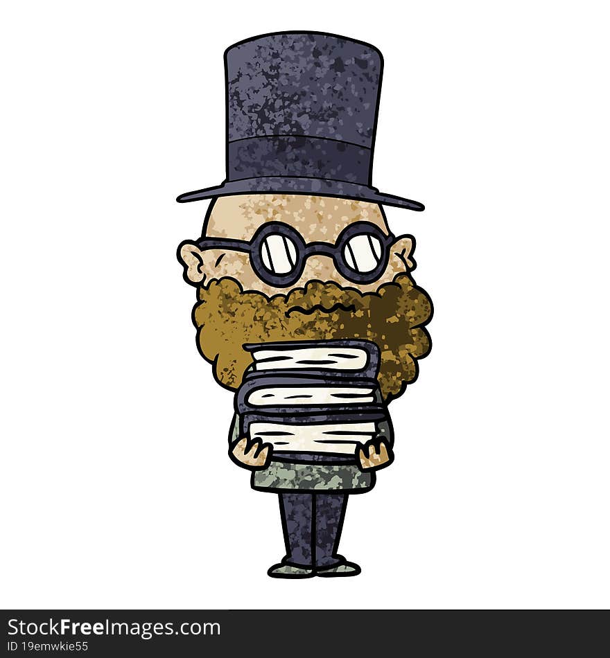 cartoon worried man with beard and stack of books. cartoon worried man with beard and stack of books