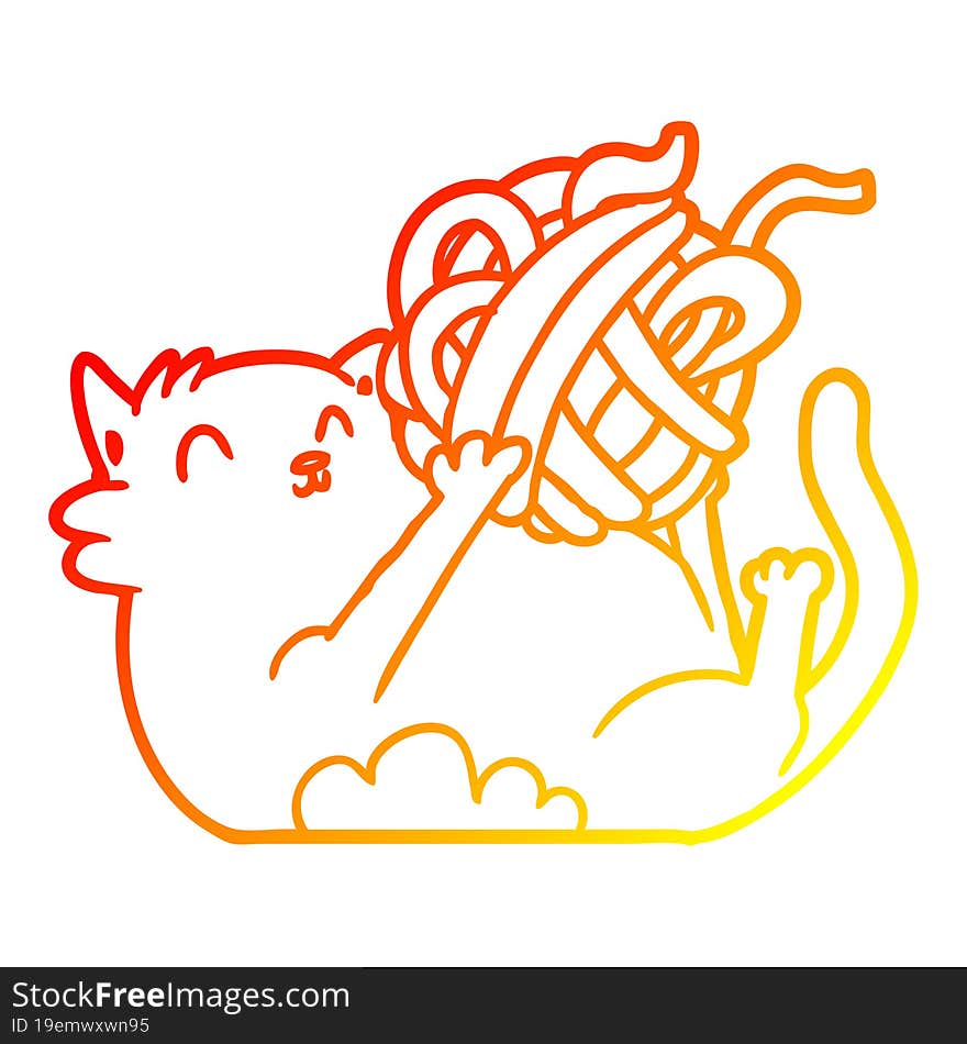 Warm Gradient Line Drawing Cartoon Cat Playing With Ball Of String