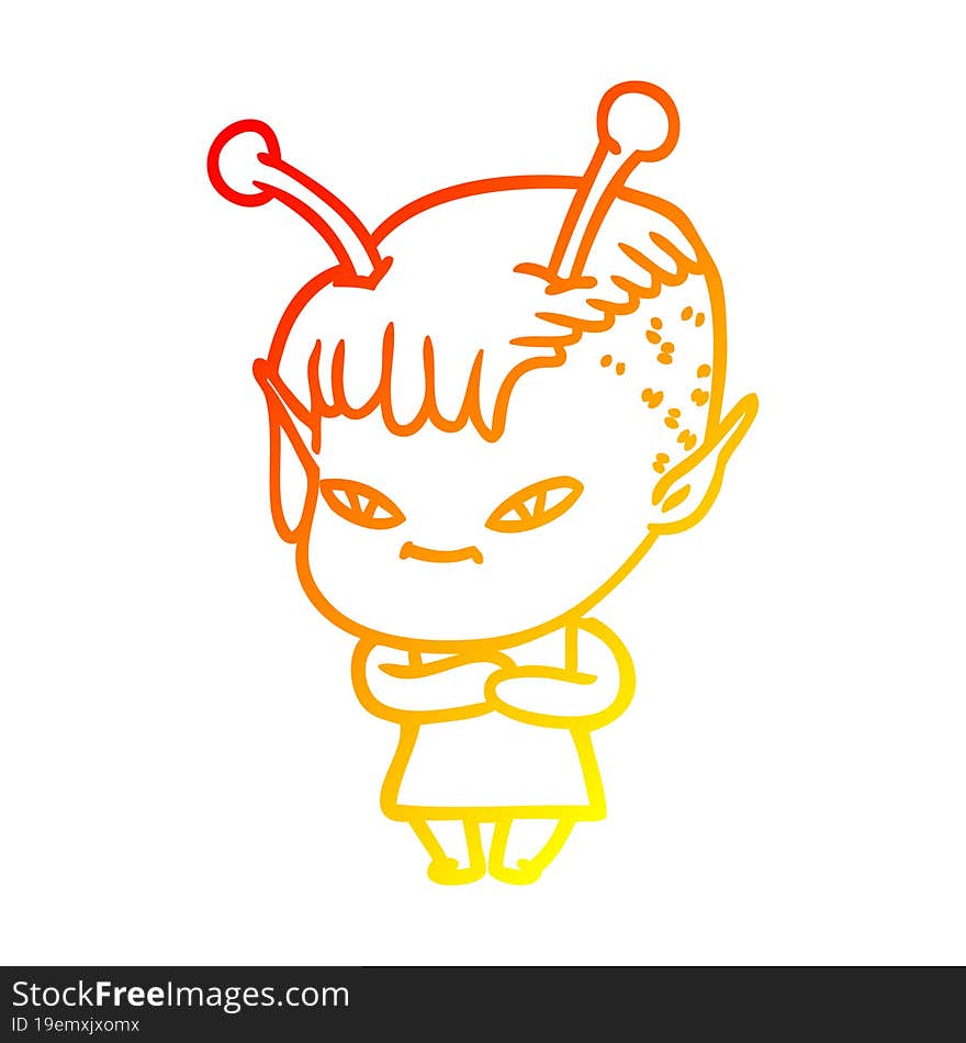 warm gradient line drawing of a cute cartoon alien girl