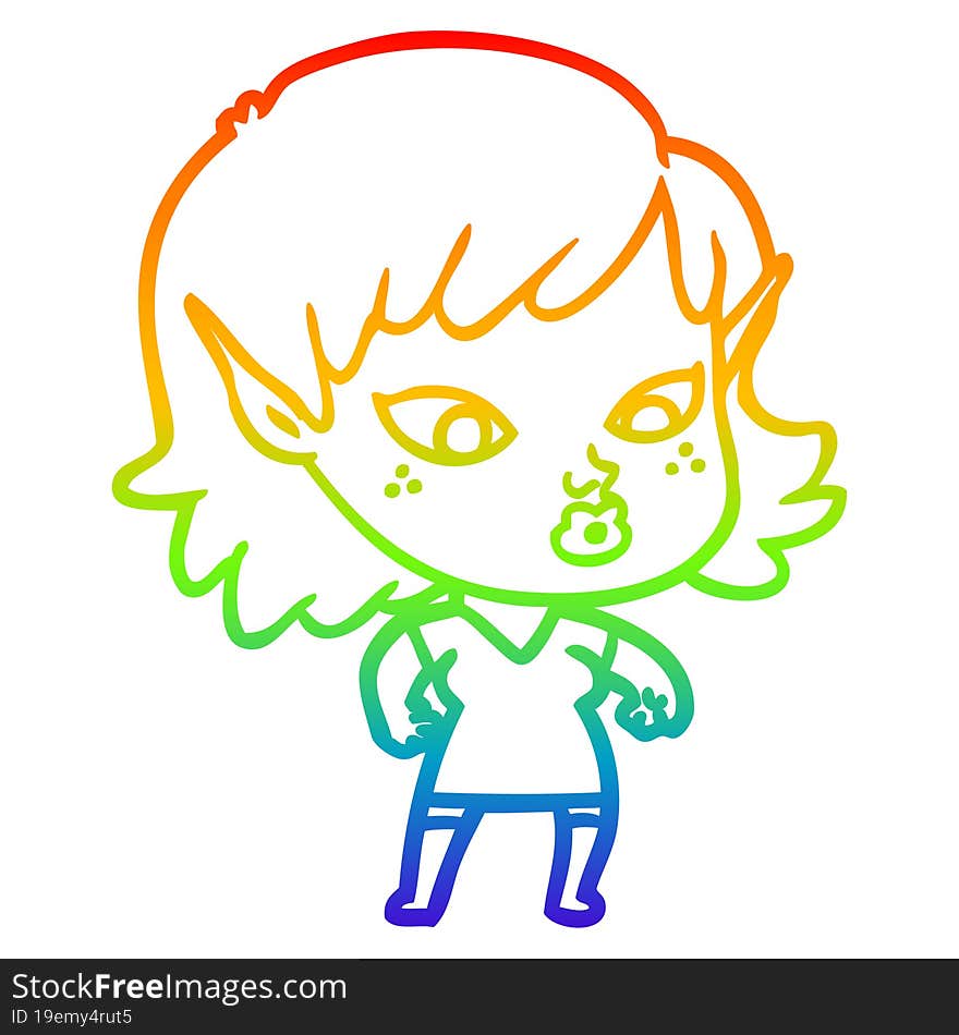 rainbow gradient line drawing of a pretty cartoon elf girl