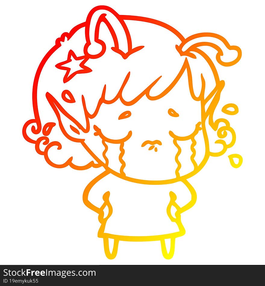 Warm Gradient Line Drawing Cartoon Crying Alien Girl