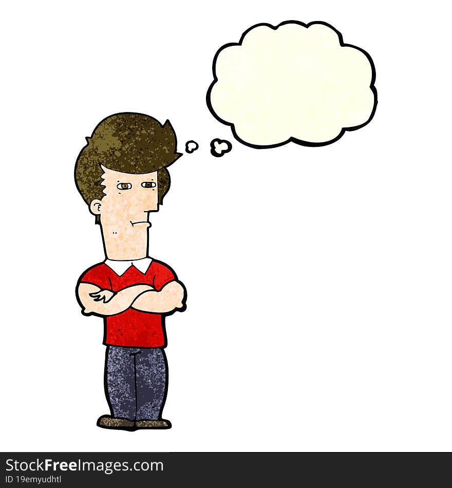 cartoon man with folded arms with thought bubble