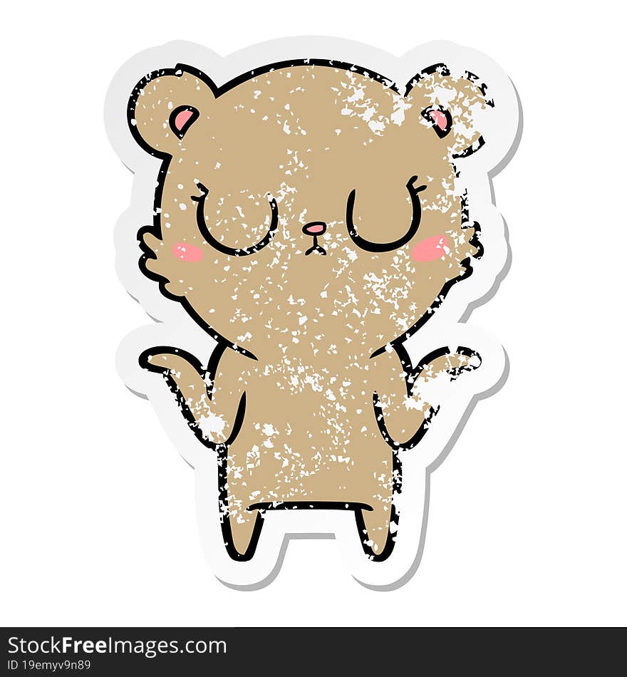 distressed sticker of a peaceful cartoon bear shrugging