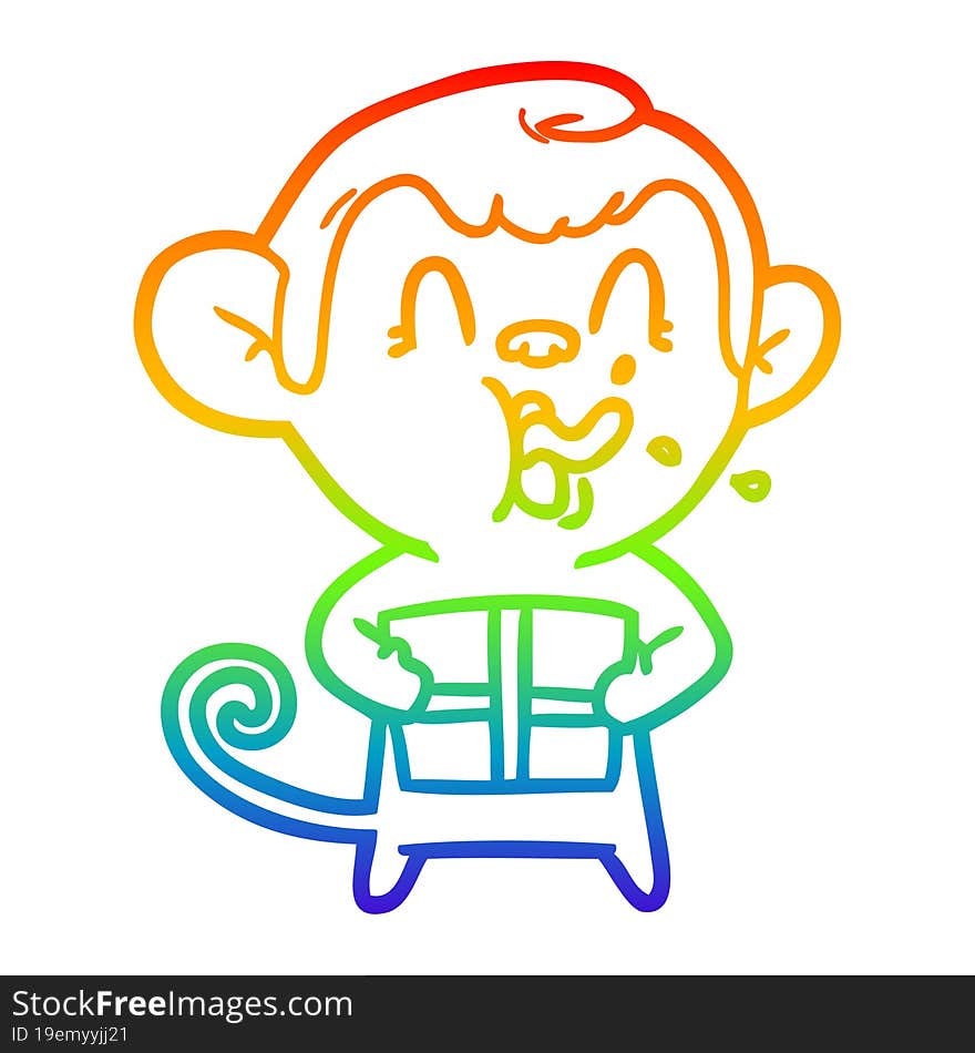 rainbow gradient line drawing of a crazy cartoon monkey with christmas present