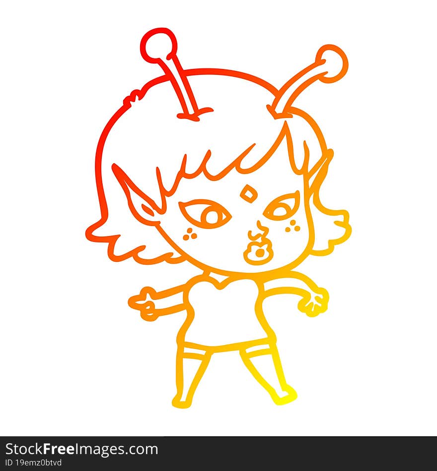 Warm Gradient Line Drawing Pretty Cartoon Alien Girl