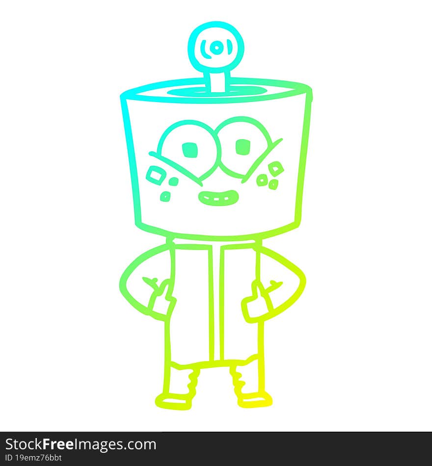 cold gradient line drawing of a happy cartoon robot