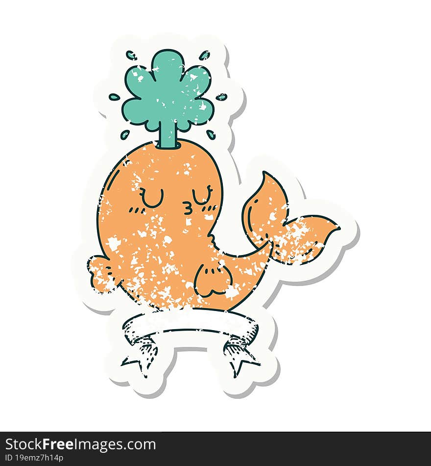 Grunge Sticker Of Tattoo Style Happy Squirting Whale Character