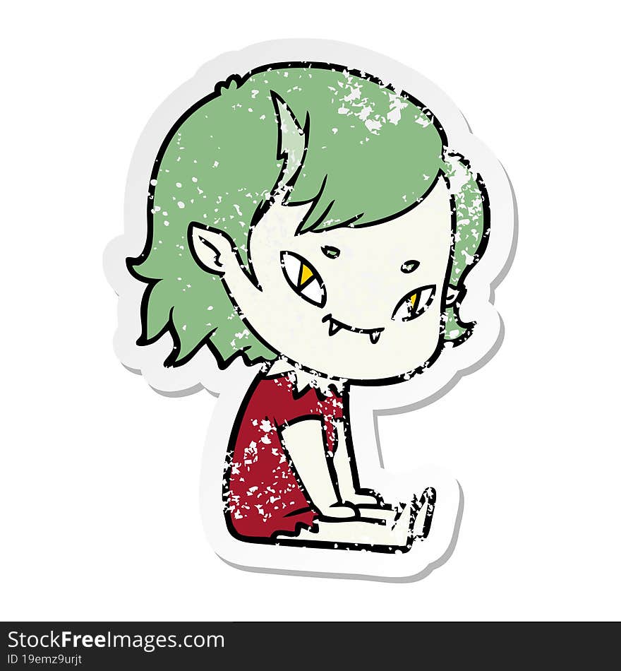 distressed sticker of a cartoon friendly vampire girl sat down