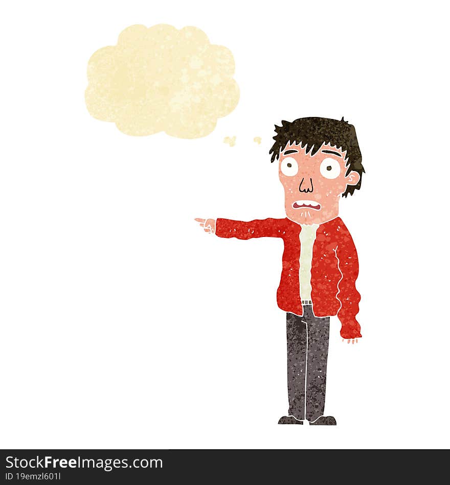 cartoon terrified man pointing with thought bubble