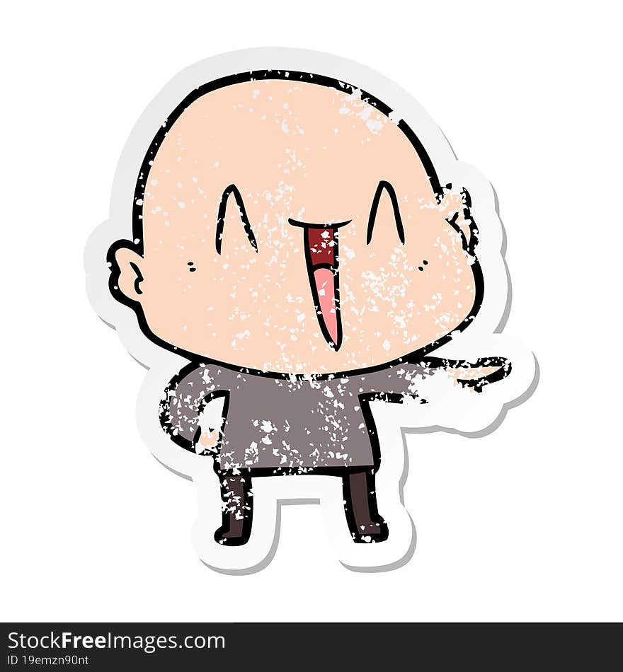 distressed sticker of a happy cartoon bald man