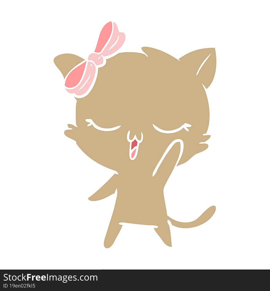 flat color style cartoon cat with bow on head waving