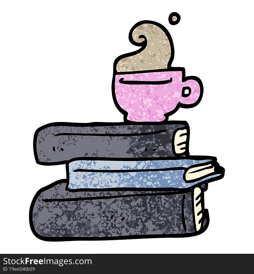 grunge textured illustration cartoon books and cup of coffee