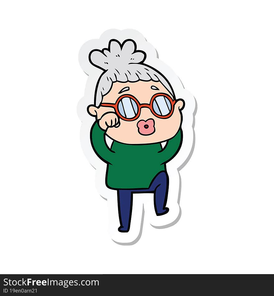 sticker of a cartoon tired woman wearing spectacles