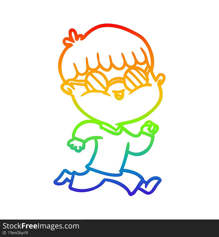 rainbow gradient line drawing of a cartoon boy wearing sunglasses and running