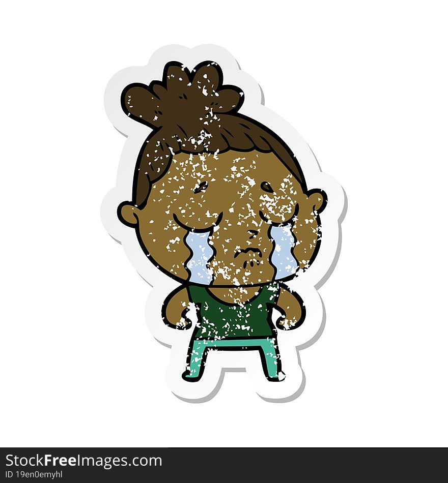 Distressed Sticker Of A Cartoon Tough Woman Crying