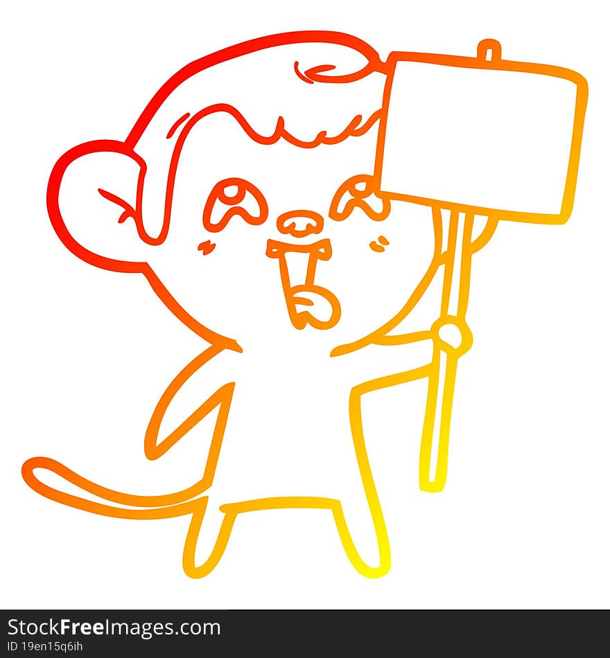 warm gradient line drawing crazy cartoon monkey with sign