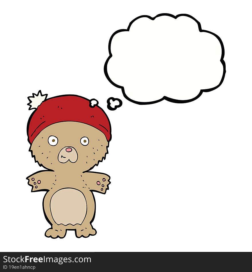 cartoon cute teddy bear in hat with thought bubble