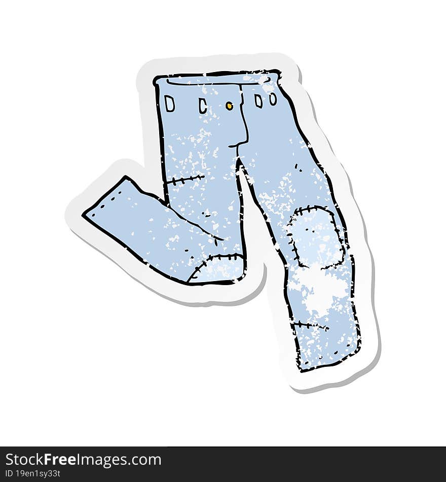 retro distressed sticker of a cartoon patched old jeans