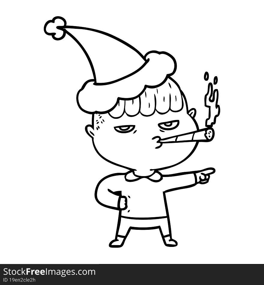 Line Drawing Of A Man Smoking Wearing Santa Hat