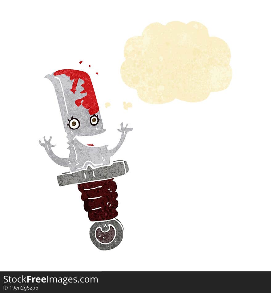 crazy cartoon knife character with thought bubble