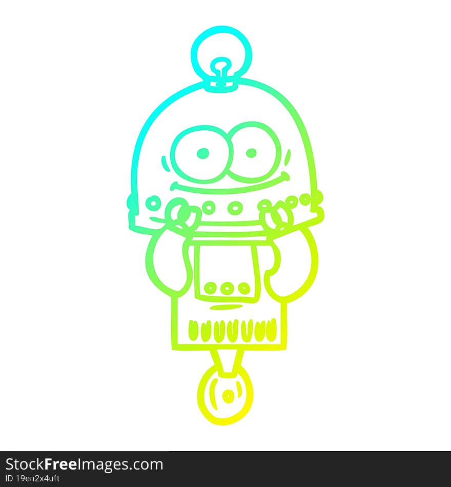 cold gradient line drawing of a happy carton robot with light bulb