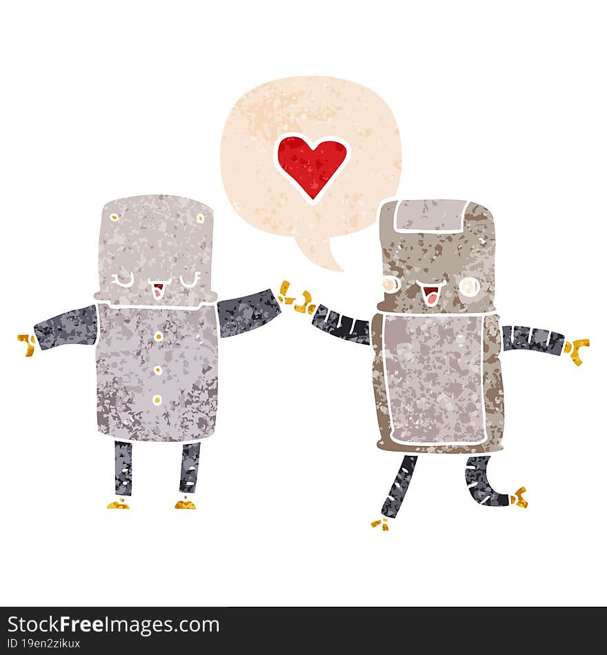 cartoon robots in love and speech bubble in retro textured style