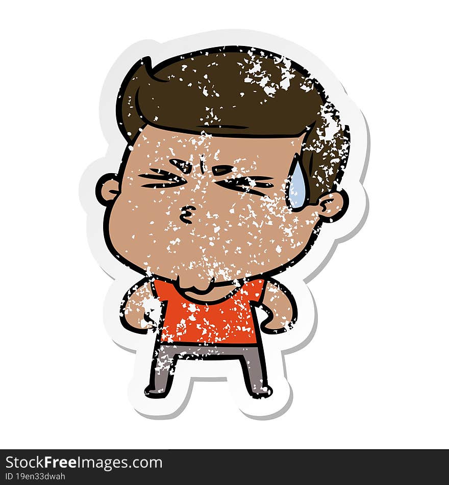 Distressed Sticker Of A Cartoon Man Sweating