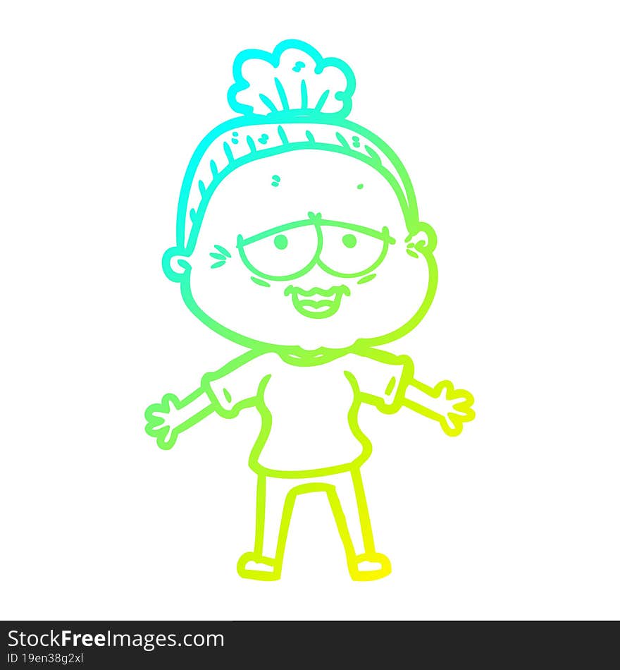 cold gradient line drawing of a cartoon happy old lady